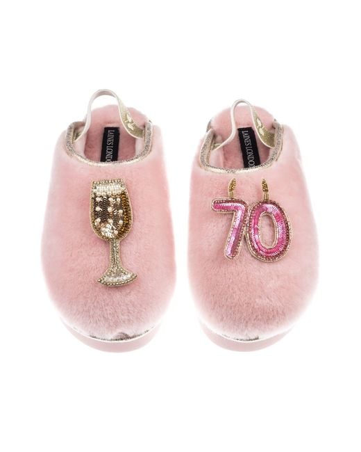 Laines London Pink Flatform Cloud Closed Toe Slippers With 70Th Birthday & Champagne Glass Brooches