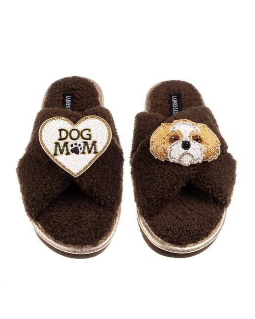 Laines London Brown Neutrals Boucle Slippers With Dog Mum/Mom & & Shih Tzu Brooches