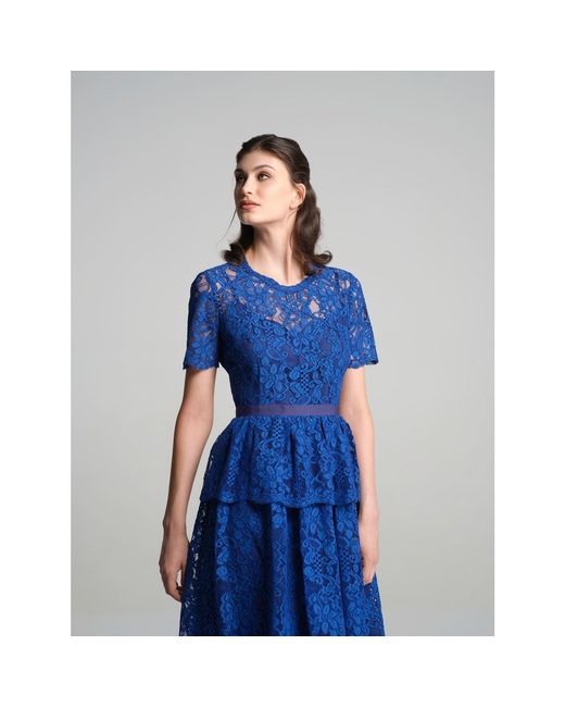 Rumour London Blue Lucia Lace Midi Dress With Peplum