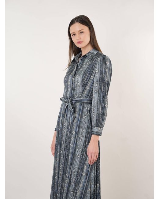 John Abgin Gray Satin Printed Pleated Midi Shirt Dress