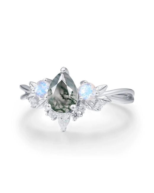 Azura Jewelry New York Blue Laurel Grove Moss Agate Moonstone Ring Vermeil