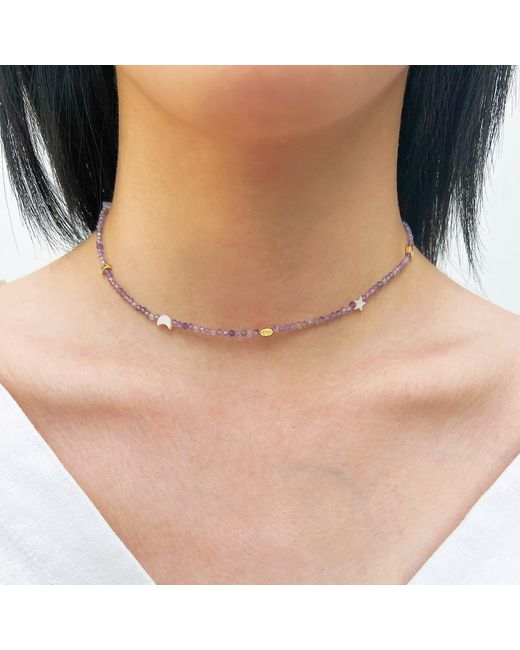 Aurozia Metallic Evil Eye Moon & Heart Amethyst Vermeil Choker Necklace& Bracelet, Crystal Protection Jewelry