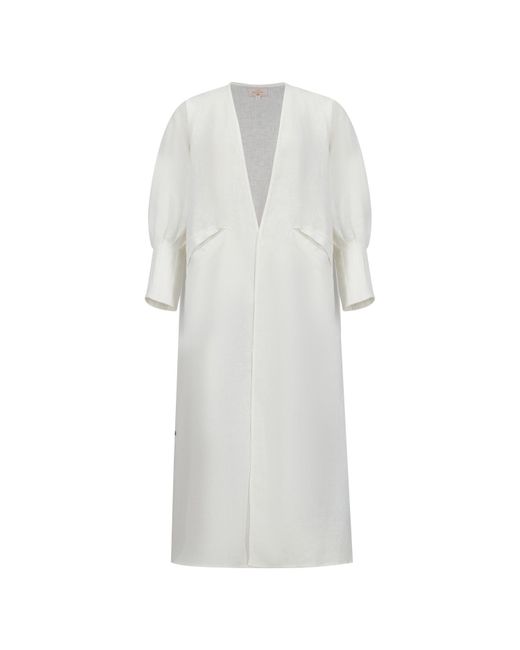 Azzali White Pure Linen Abaya With Fitted Stitched Cuff