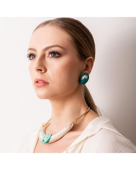 Gissa Bicalho Green Handmade Earring Oval Pearl And Strass