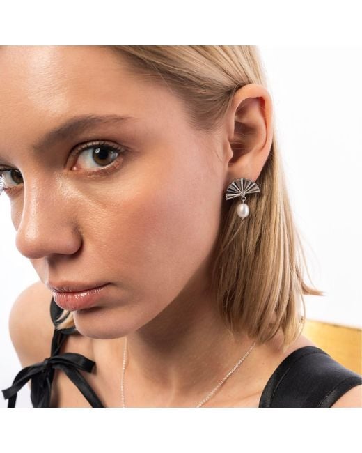 Spero London Metallic Fine Diamond Sterling Pearl Drop Fan Earrings