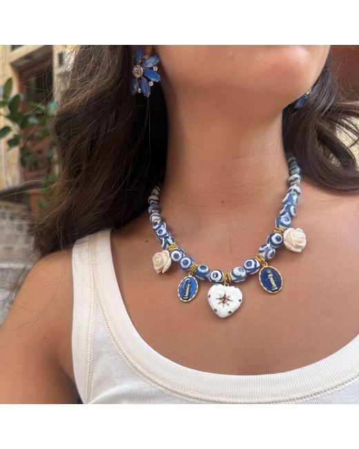 Achala Handcrafted Blue Magali Tibet Agate Heart Pendant Necklace