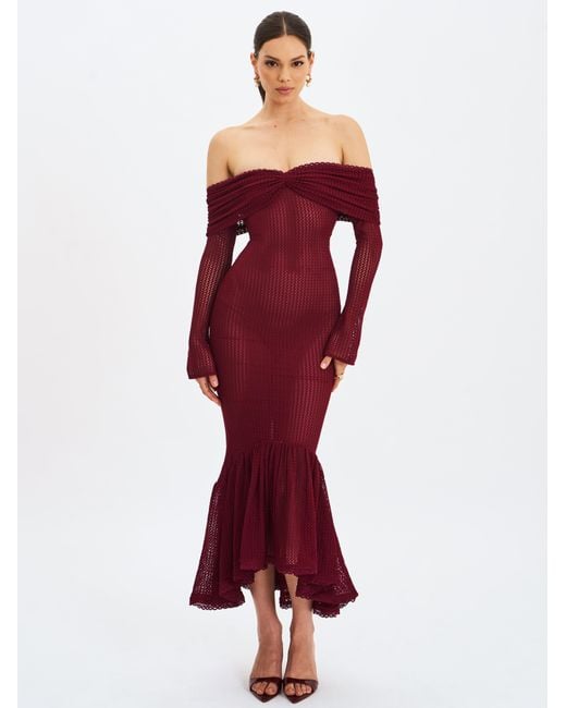 Miss Circle New York Purple Kaedyn Burgundy Off Shoulder Long Sleeve Crochet Mermaid Maxi Dress