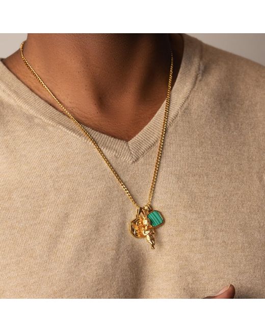 Nialaya Metallic Talisman Necklace With Angel And Malachite Pendant for men