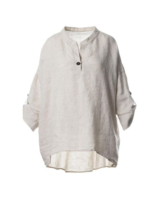 Jana Coshè Gray Natural Linen Oversized Shirt With Mandarin Collar And Horn Button
