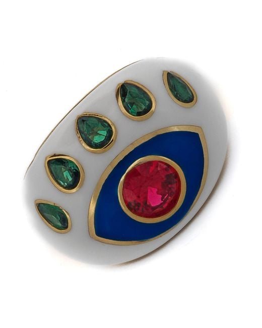 Ebru Jewelry Green Guardian Ruby & Emerald Evil Eye Enamel Adjustable Ring
