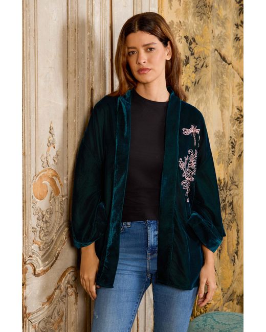 Artemis Muse Blue Wild Flowers & Butterflies & Velvet Embroidered Short Kimono