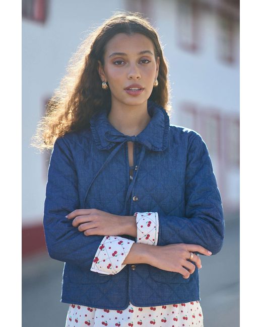 Yumi' Blue Chambray Quilted Jacket With Cherry Lining