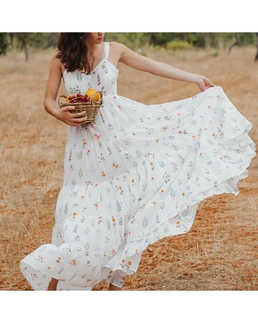 Em & Shi White Summer Herbs Tiered Dress