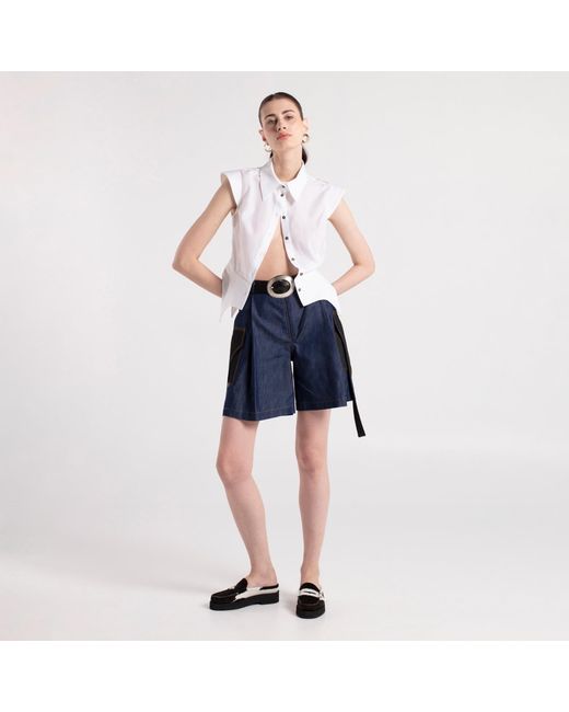 MAYAMU White Sade Cotton Shirt With Shoulder And Waist Details