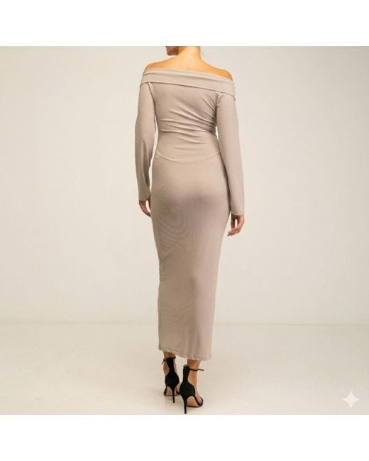Tantra Spain Sl Natural Neutrals Long Fitted Dress With Long Sleeves, V-Neck And Draped Detail On The Chest