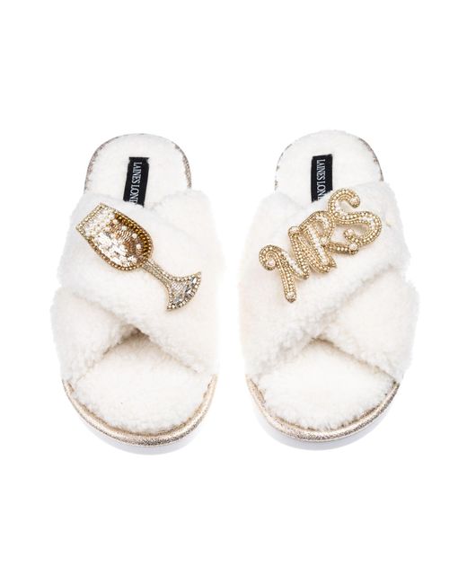 Laines London Metallic Neutrals Laines Neutral Boucle Slippers With Wedding Champers & Mrs Brooches