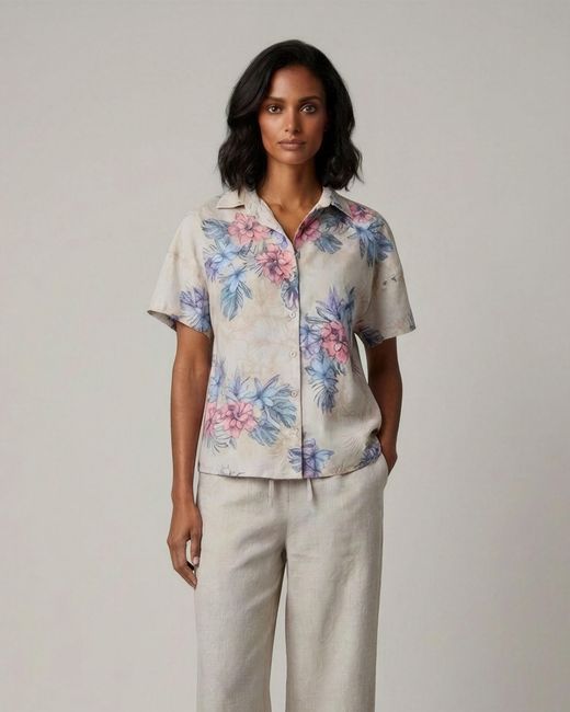 Lords of Harlech Gray Neutrals Lara Exotic Floral Natural Linen Printed Shirt