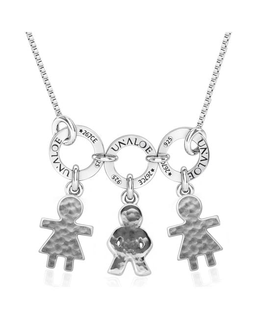 Unaloe Metallic Sterling Necklace With Three Baby Charms – Hammered Child Silhouette Pendants, Personalised Family Keepsake Jewellery For