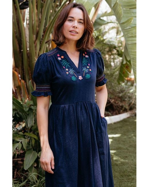 Sugarhill Blue Esme Jersey Midi Dress, Tropic Palm Embroidery