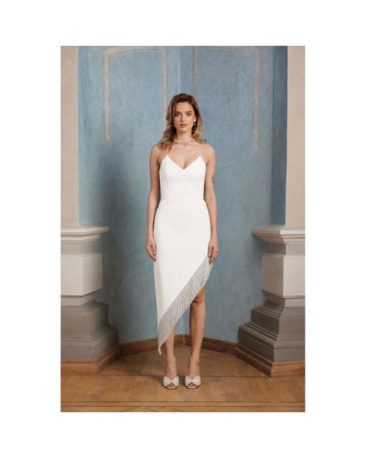 Nomi Fame White Ondine Creamy Dress With Asymmetric Skirt And Beaded Fringes