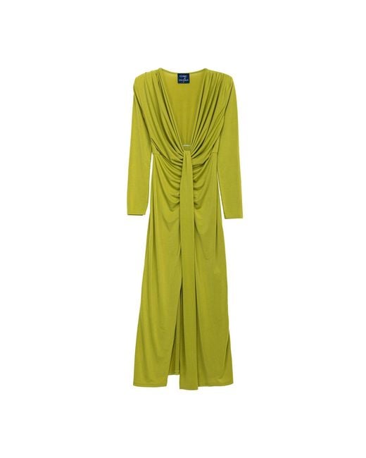 Tantra Spain Sl Green Solid Draped Maxi Dress With V Neck And Long Sleeves