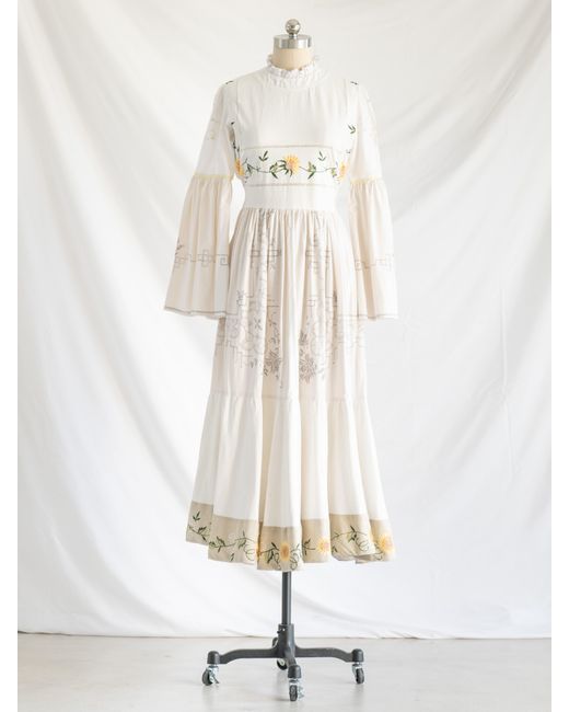 Sugar Cream Vintage White Re-design Upcycled Sunflower Embroidered Beige Border Maxi Dress