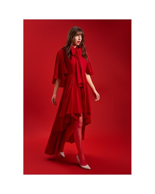 Femponiq Red Bow Tie Neck Cape Sleeve Maxi Dress