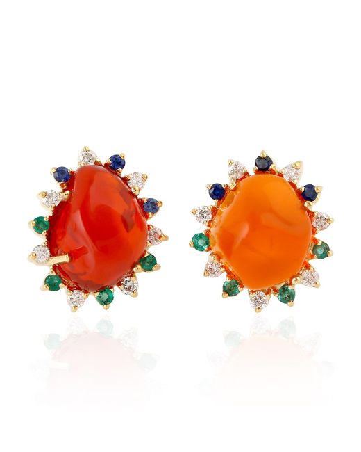 Artisan Orange Fire Opal, Sapphire & Emerald Diamond Halo Stud Earrings