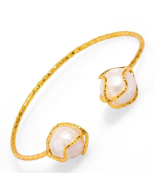 Ebru Jewelry Metallic Pearl Embellished Gold Cuff Bracelet