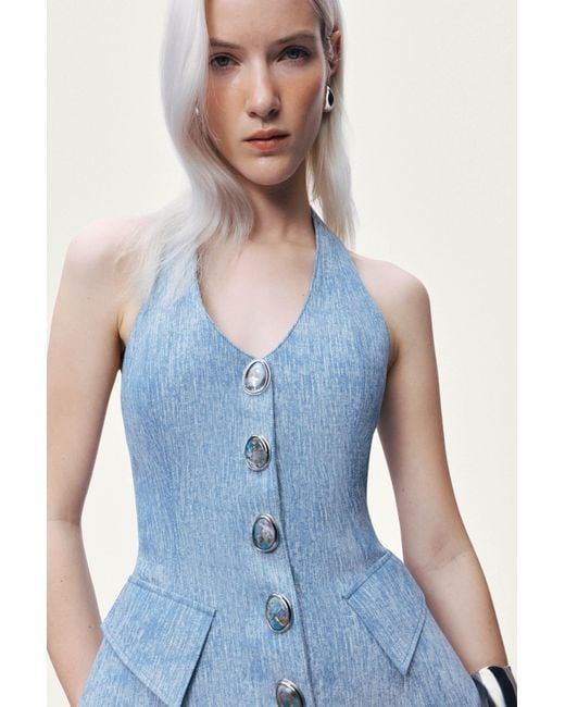 Nocturne Blue Embellished Halter Neck Bustier Top
