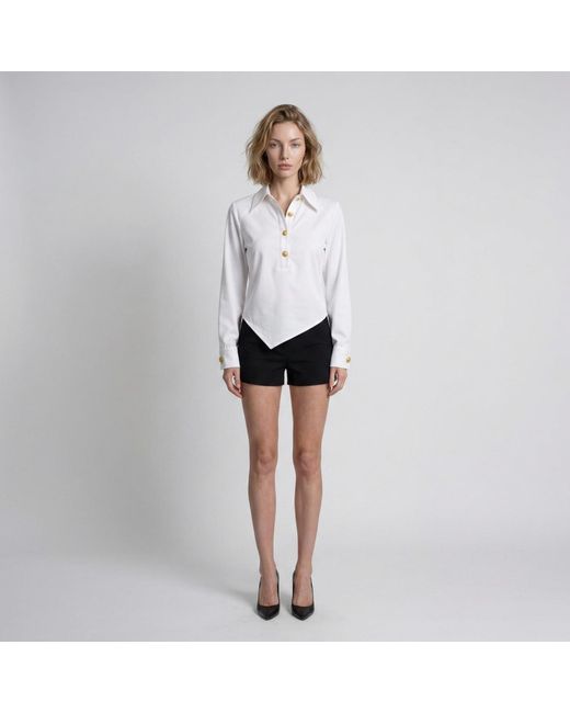 Modenaire White Collared Button Front Blouse With Asymmetrical Hem Detail