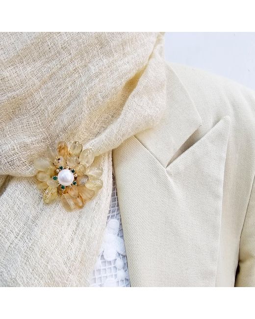 Farra Metallic Prosperity Citrine Beads Flower Brooch