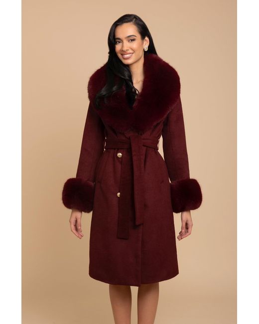 Santinni Red Luxurious Cashmere-Wool Coat With Faux Fur