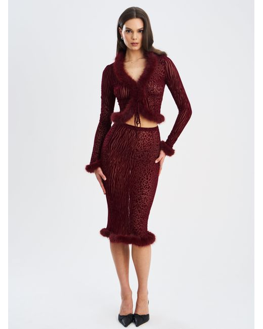 Miss Circle New York Red Hali Burgundy Animal Print Burnout Velvet Fur Trim Top