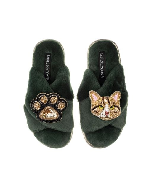 Laines London Green Classic Laines Slippers With Tabby Cat & Paw Brooches
