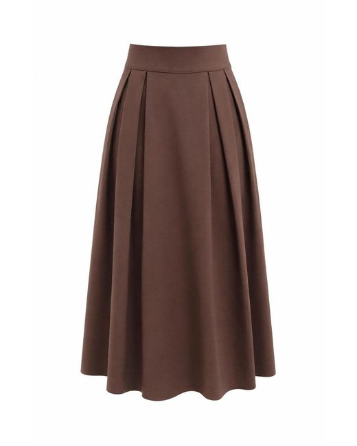 Exquise Brown Flori Pleated Elasticated Back Midi Skirt