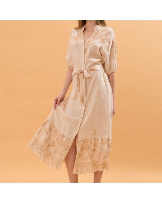 LAtelier London Natural Neutrals Embroidered Cotton Midi Shirt Dress