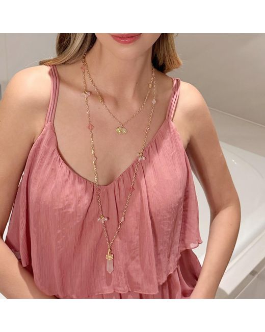 Farra Metallic Wire-Wrapped Rose Quartz Pendant With Watermelon Flower Long Necklace