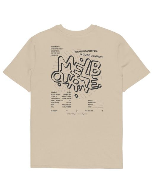Anchor and Crew Natural Neutrals Desert Dust Gustatory Melbourne Coffee Scene Organic Cotton Embroidered T-Shirt for men