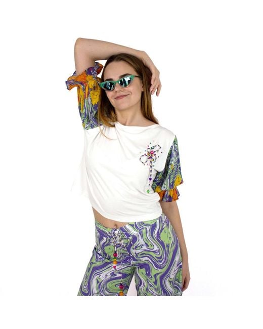 Lalipop Design Blue White Blouse With Pleated Sleeves & Embroidery Details