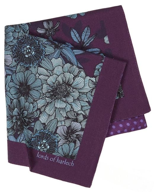 Lords of Harlech Purple Hudson Valencia Floral Merino Handkerchief Pocket Square for men