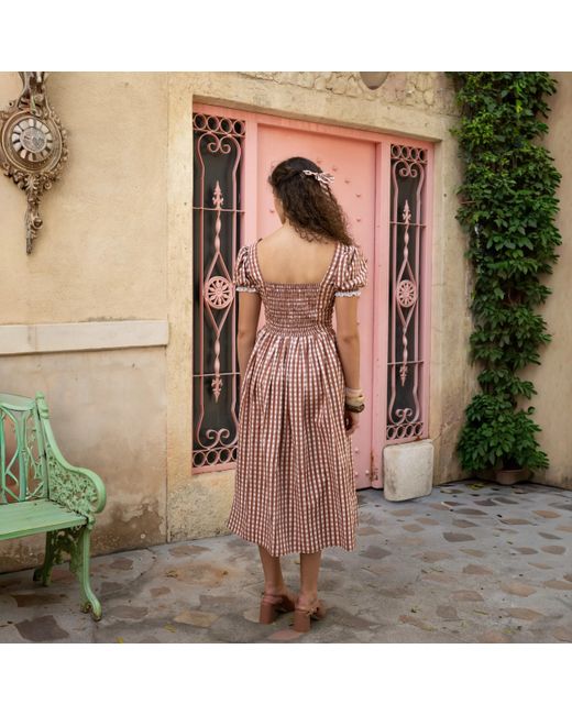 Echo of Pink Red Solene Gingham Hand Block Print Cotton Midi Dress