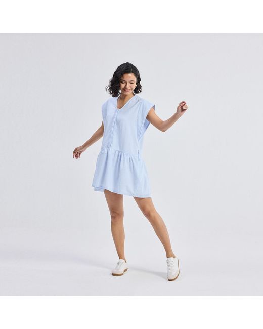 REISTOR Blue Oversized V Neck Short Dress With Frayed Sleeves