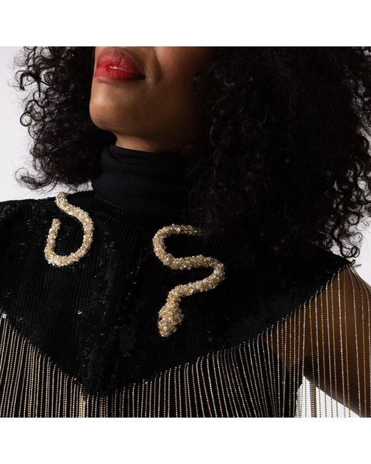 Laines London Black Hand Beaded Crystal & Pearl Snake Tassel Cape
