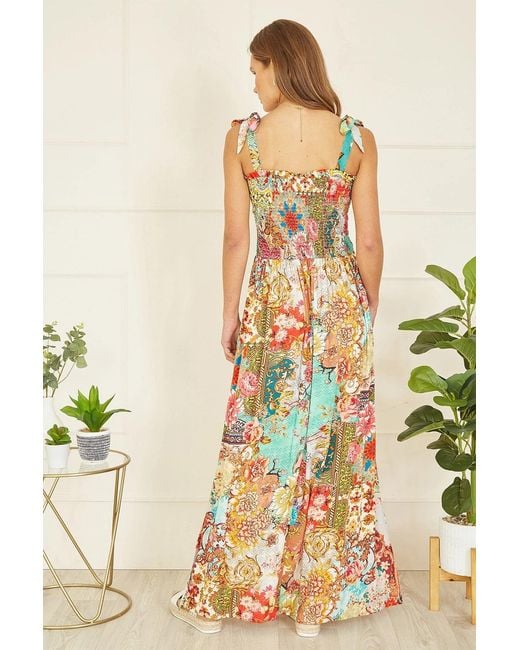 Yumi' White Multicolour Patchwork Split Hem Maxi Dress With Tie Straps