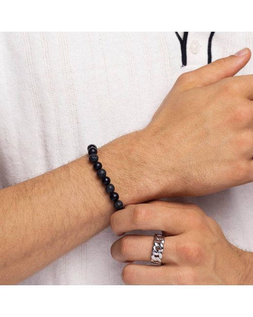 Nialaya Black Wristband With Lava Stone, Matte Onyx And Logo Ball for men