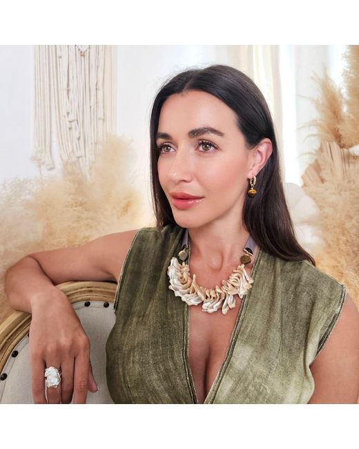 Farra Metallic Giant Shell Pendant With Silk Ribbon Statement Necklace