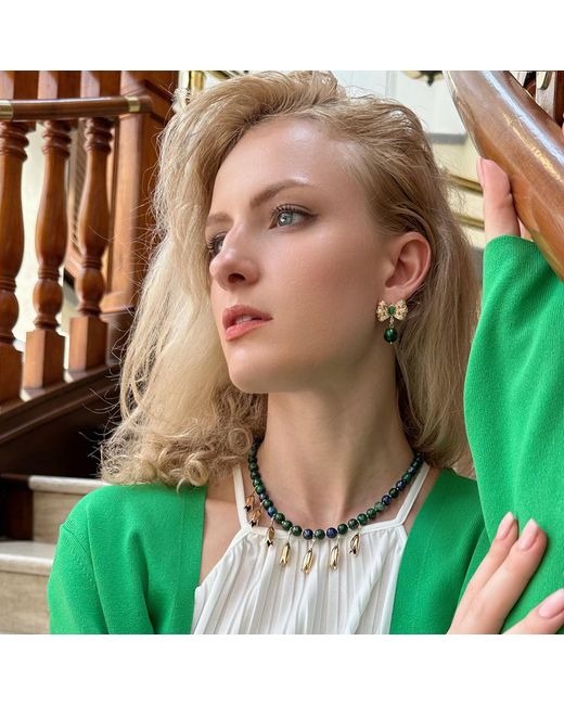Farra Green Butterfly Bow With Malachite Dangle Earrings