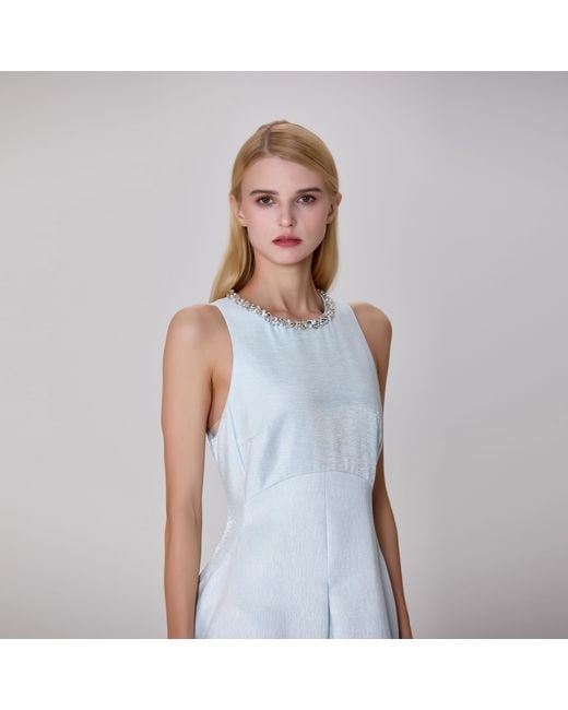 Smart and Joy Blue Fit-And-Flare Collar Trim Textured Jacquard Dress
