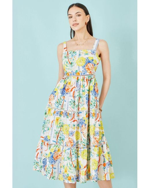 Yumi' White Mediterranean Print Cotton Midi Sun Dress